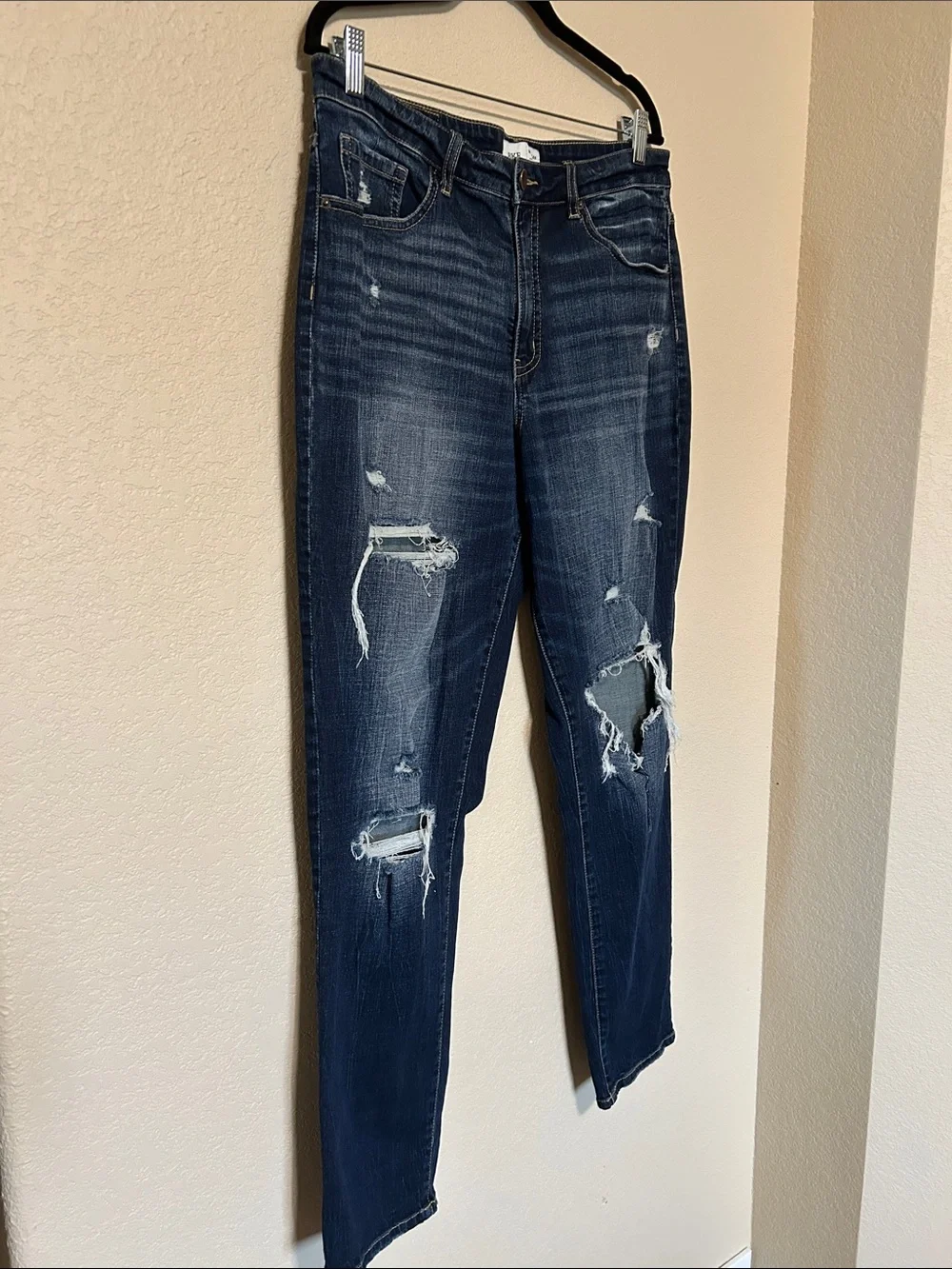 BKE Denim High Rise Distressed Straight Leg Jeans Size 32 Dark Wash Y2K